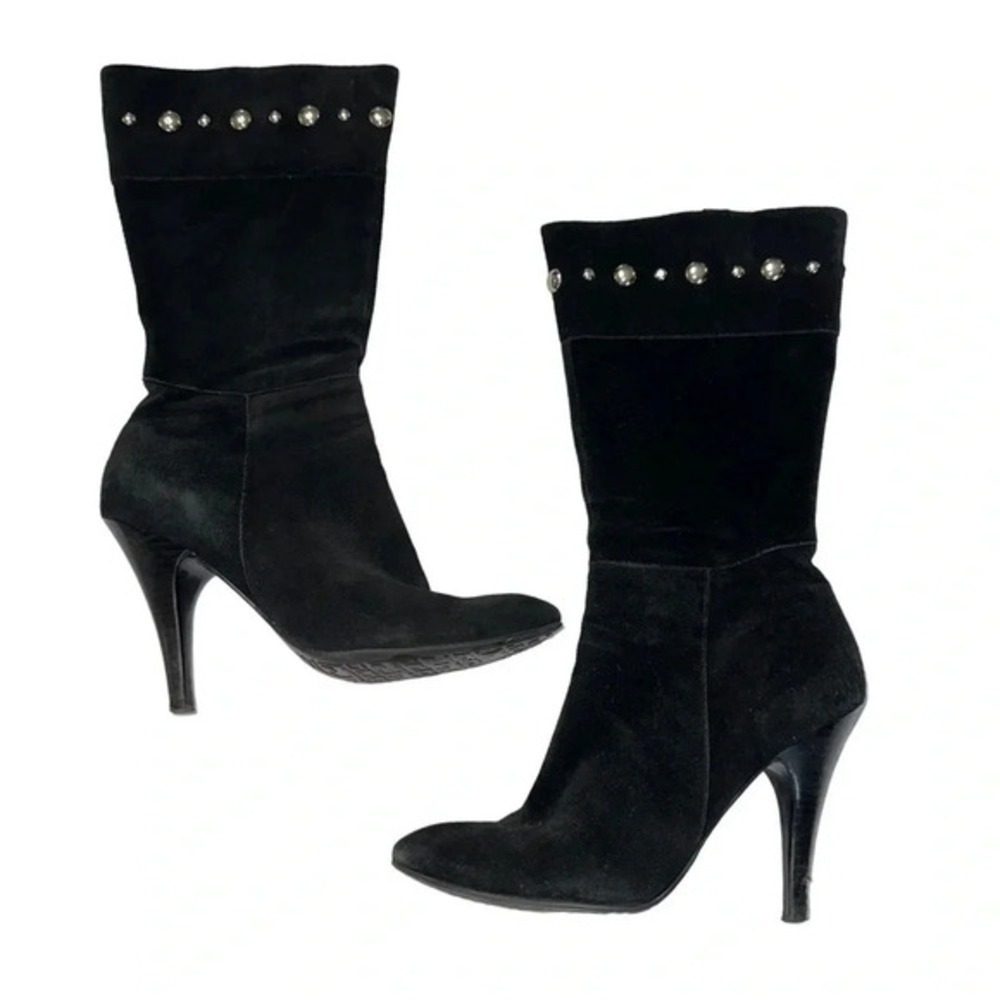 Guess Nerina 10M black suede‎ silver studded 4.5" heeled boots w/ side zipper